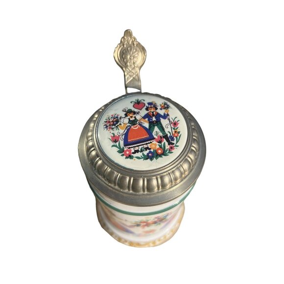 Vintage German BMF W. Germany Loving Couple Beer Stein With Pewter Lid Folk Art - Picture 4 of 9